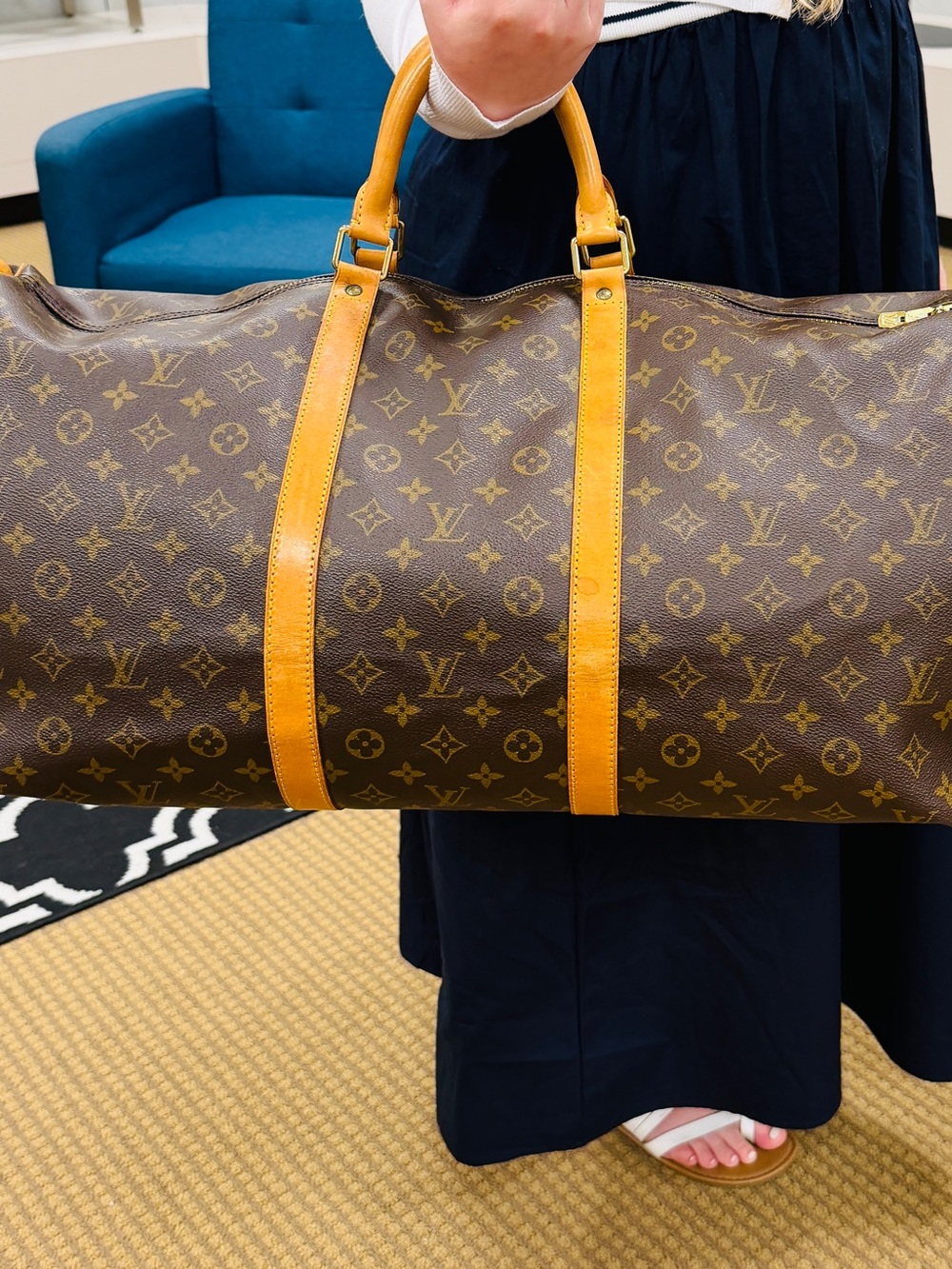 Louis Vuitton Brown Monogram Keepall 60 Duffel Bag with Tan Leather Trim